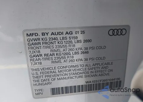 2025 Audi Q3 Premium 45 Tfsi S Line Quattro Tiptronic from USA, damaged, VIN WA1EECF39S1044130
